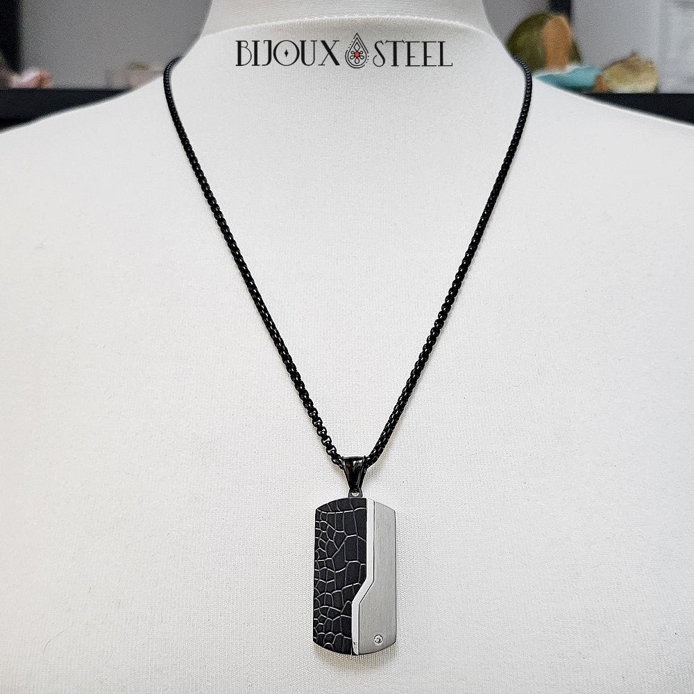 Collier Unisexe En Cuir Noir Avec Pendentif Plaque Métal Argenté - Bijoux Sans Marque