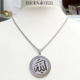 Collier médaille ronde argentée Allah islamique en acier chirurgical