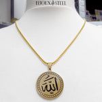 Collier médaille ronde dorée Allah islamique en acier chirurgical
