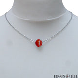 Collier ras du cou argenté à perle d'agate rouge en pierre naturelle et acier inoxydable