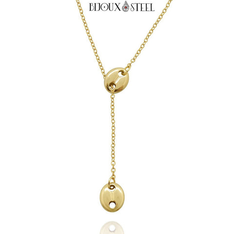 Collier Y doré grains de café en acier inoxydable