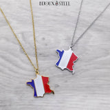 Colliers à pendentifs carte de la France drapeau tricolore en acier inoxydable