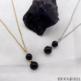 Colliers doubles perles d'obsidienne noire en acier inoxydable et pierre naturelle