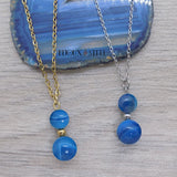 Collier doubles perles d'agate bleue en pierre naturelle et acier inoxydable