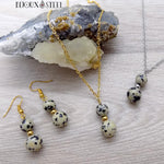 Colliers deux perles et boucles d'oreilles en pierre de jaspe dalmatien