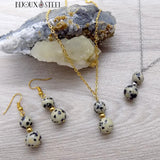 Colliers deux perles et boucles d'oreilles en pierre de jaspe dalmatien