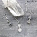Parure argentée collier à pendentif et boucles d'oreilles pendantes en perles de quartz tourmaline et acier inoxydable
