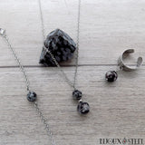 Parure argentée bijoux en obsidienne flocon de neige