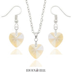 Parure argentée boucles d'oreilles pendantes et collier cœurs champagne en verre et acier inoxydable