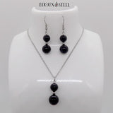 Parure argentée boucles d'oreilles et collier deux perles d'obsidienne noire en pierre naturelle et acer inoxydable