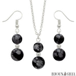 Parure argentée boucles d'oreilles et collier en obsidienne neige