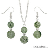 Parure argentée boucles d'oreilles et collier en prehnite et acier inoxydable