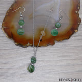 Parure collier et boucles d'oreilles argentés en perles d'agate verte et acier inoxydable