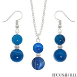 Parure argentée doubles perles d'agate bleue en pierre naturelle teintée et acier inoxydable