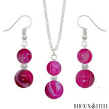 Parure argentée doubles perles d'agate magenta en pierre naturelle teintée et acier inoxydable