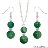 Parure argentée doubles perles d'agate verte en pierre naturelle teintée et acier inoxydable