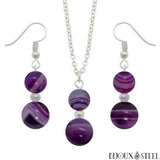 Parure argentée doubles perles d'agate violette en pierre naturelle teintée et acier inoxydable