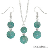 Parure argentée doubles perles d'amazonite en pierre naturelle et acier inoxydable