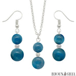 Parure argentée doubles perles d'apatite bleue en pierre naturelle