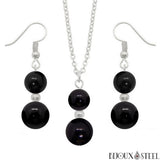 Parure argentée doubles perles d'obsidienne noire en pierre naturelle et acier inoxydable