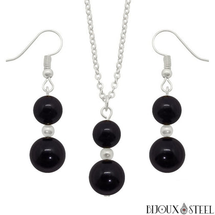 Parure argentée doubles perles d'onyx noir en pierre naturelle et acier inoxydable