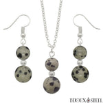 Parure argentée doubles perles de jaspe dalmatien en pierre naturelle