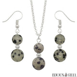 Parure argentée doubles perles de jaspe dalmatien en pierre naturelle