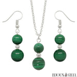 Parure argentée doubles perles de malachite en pierre naturelle