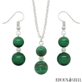 Parure argentée doubles perles de malachite en pierre naturelle
