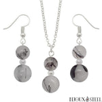 Parure argentée doubles perles en quartz tourmaline pierre naturelle