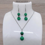 Parure argentée perles en malachite pierre naturelle et acier inoxydable