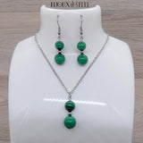 Parure argentée perles en malachite pierre naturelle et acier inoxydable