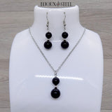 Parure argentée perles en onyx noir pierre naturelle et acier inoxydable