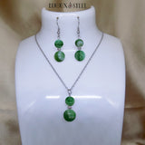 Parure bijoux deux perles en agate verte et acier inoxydable argenté