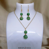 Parure bijoux deux perles en agate verte et acier inoxydable doré