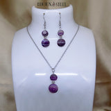 Parure bijoux femmes deux perles en agate violette pierre naturelle teintée et acier argenté