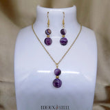 Parure bijoux femmes deux perles en agate violette pierre naturelle teintée et acier doré