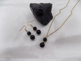 Parure boucles d'oreilles pendantes et collier à pendentif doubles perles d'obsidienne noire en acier inoxydable doré