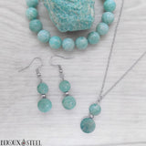 Parure boucles d'oreilles avec collier et bracelet en pierre d'amazonite