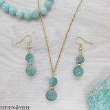 Parure boucles d'oreilles et collier en perles d'amazonite et acier inoxydable doré