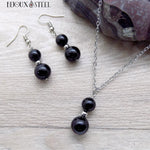 Parure boucles d'oreilles et collier argentés doubles perles en onyx noir