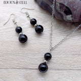 Parure boucles d'oreilles et collier argentés doubles perles en onyx noir