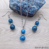 Parure boucles d'oreilles et collier argentés en apatite bleue pierre naturelle et acier inoxydable