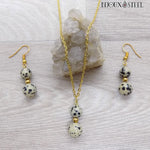 Parure boucles d'oreilles et collier dorés doubles perles en jaspe dalmatien et acier inoxydable