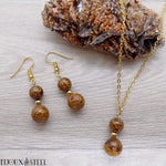 Parure boucles d'oreilles et collier dorés deux perles en jaspe Mariam