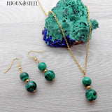 Parure boucles d'oreilles et collier dorés doubles perles de malachite