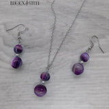 Parure boucles d'oreilles et collier femmes en agate violette et acier inoxydable argenté