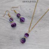 Parure boucles d'oreilles et collier femmes en agate violette et acier inoxydable doré