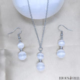 Parure boucles d'oreilles pendantes et collier à pendentif argentés doubles perles de sélénite en pierre naturelle et acier inoxydable