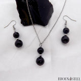 Parure boucles d'oreilles pendantes et collier à pendentif doubles perles d'obsidienne noire en acier inoxydable argenté